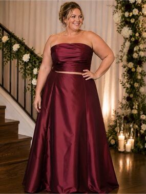 Mori Lee Madeline Garner 2pc Strapless Skirt Set Wine Burgundy Garnet Size 28/46
